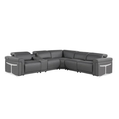 Gray Italian Leather Modular L Shaped Six Piece Corner Sectional With Console | Wayfair North America