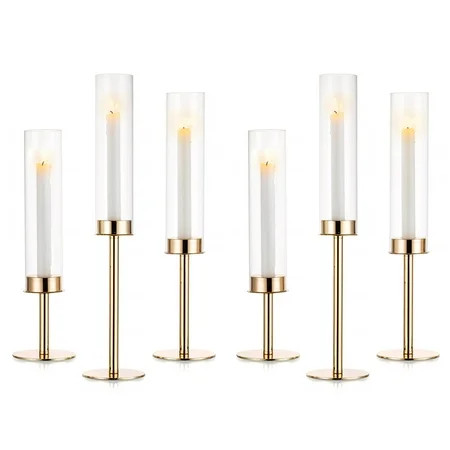 Nuptio Gold Taper Candle Holders with Hurricane Glass Tall Brass Candlestick Holder for Wedding Christmas Table Centerpiece Set of 6 | Walmart (US)