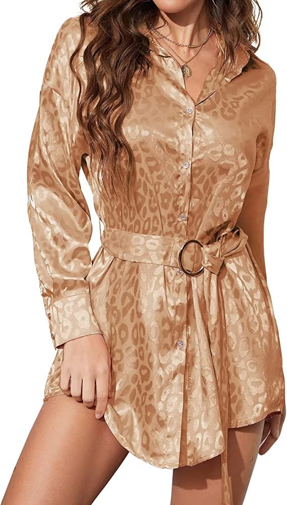 Bloggerlove Women's Satin Shirts Dresses V Neck Party Dress Long Sleeve Button Down Mini Dress wi... | Amazon (US)