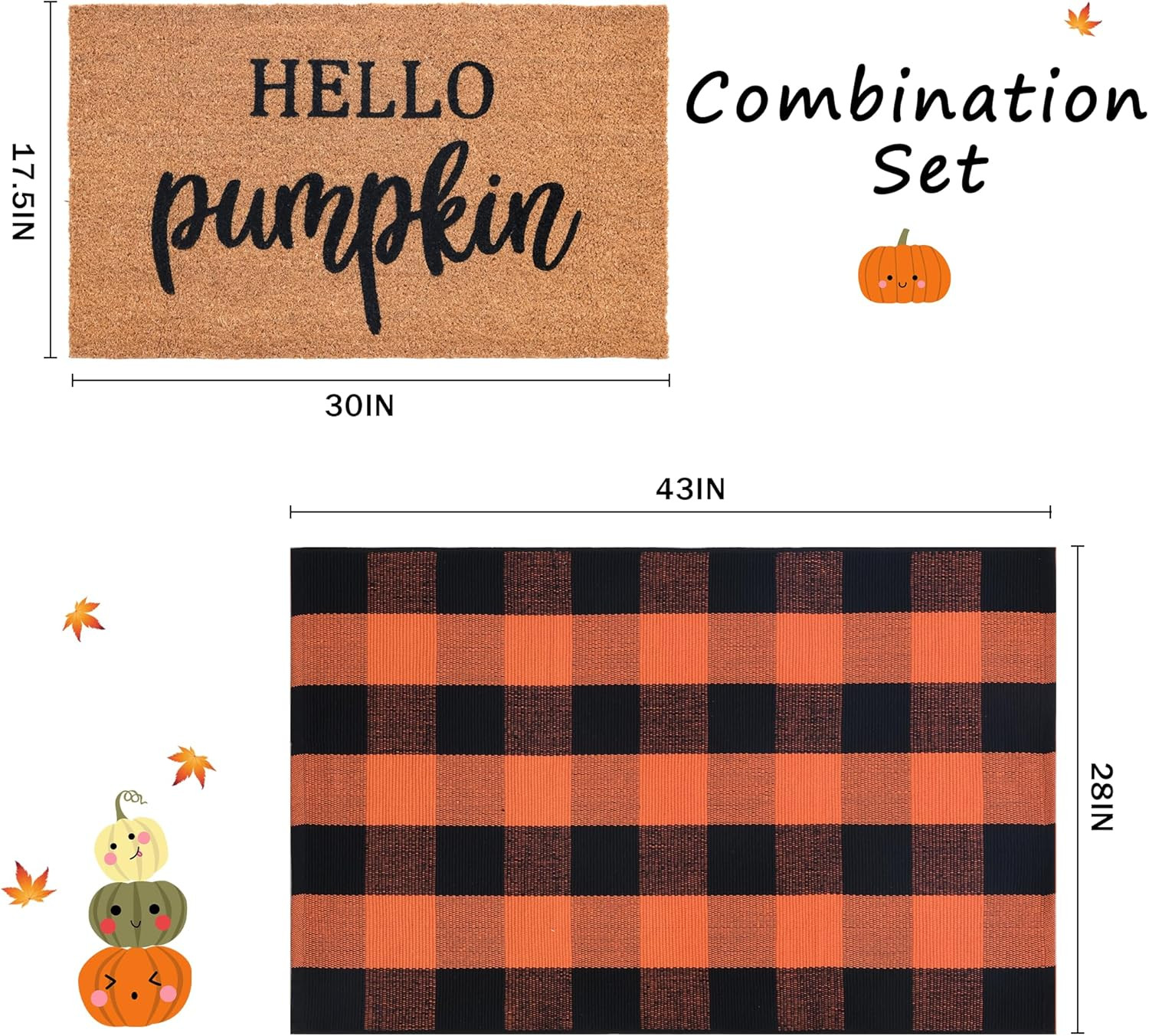 Fall Decor Door Mat Combo Set, 100% Coco Coir Welcome Mat + 28 x 43 Inches Orange and Black Plaid... | Amazon (US)