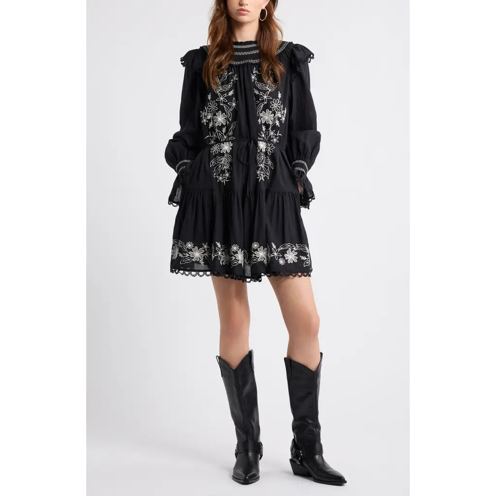 Treasure & Bond Smocked Embroidered Long Sleeve Minidress in Black-Ivory Embroidered Floral at Nordstrom Rack, Size Xx-Large | Nordstrom Rack