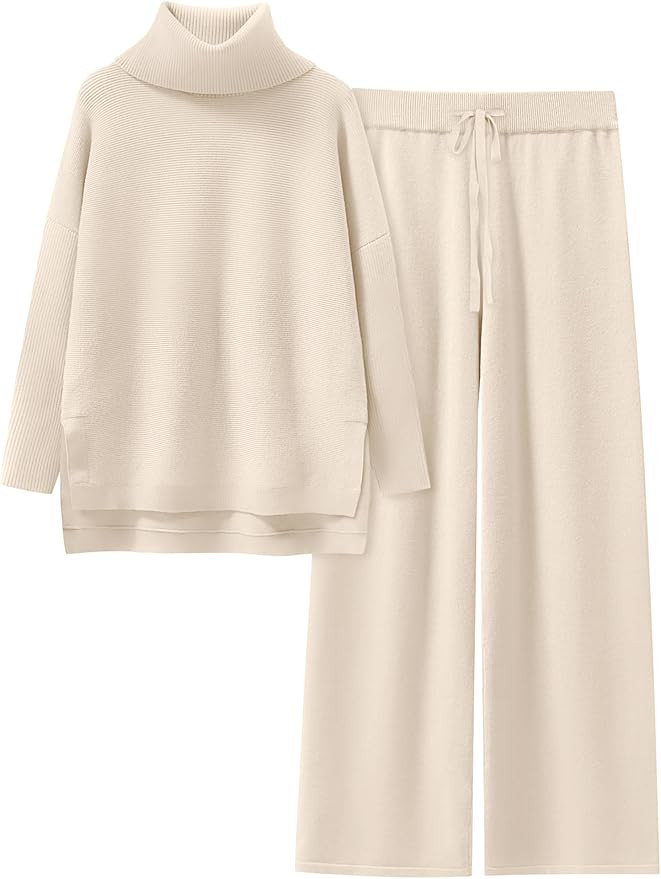 ANRABESS Women Two Piece Outfits Oversized Turtleneck Knit Pullover Sweater Top Wide Leg Pants Lo... | Amazon (US)