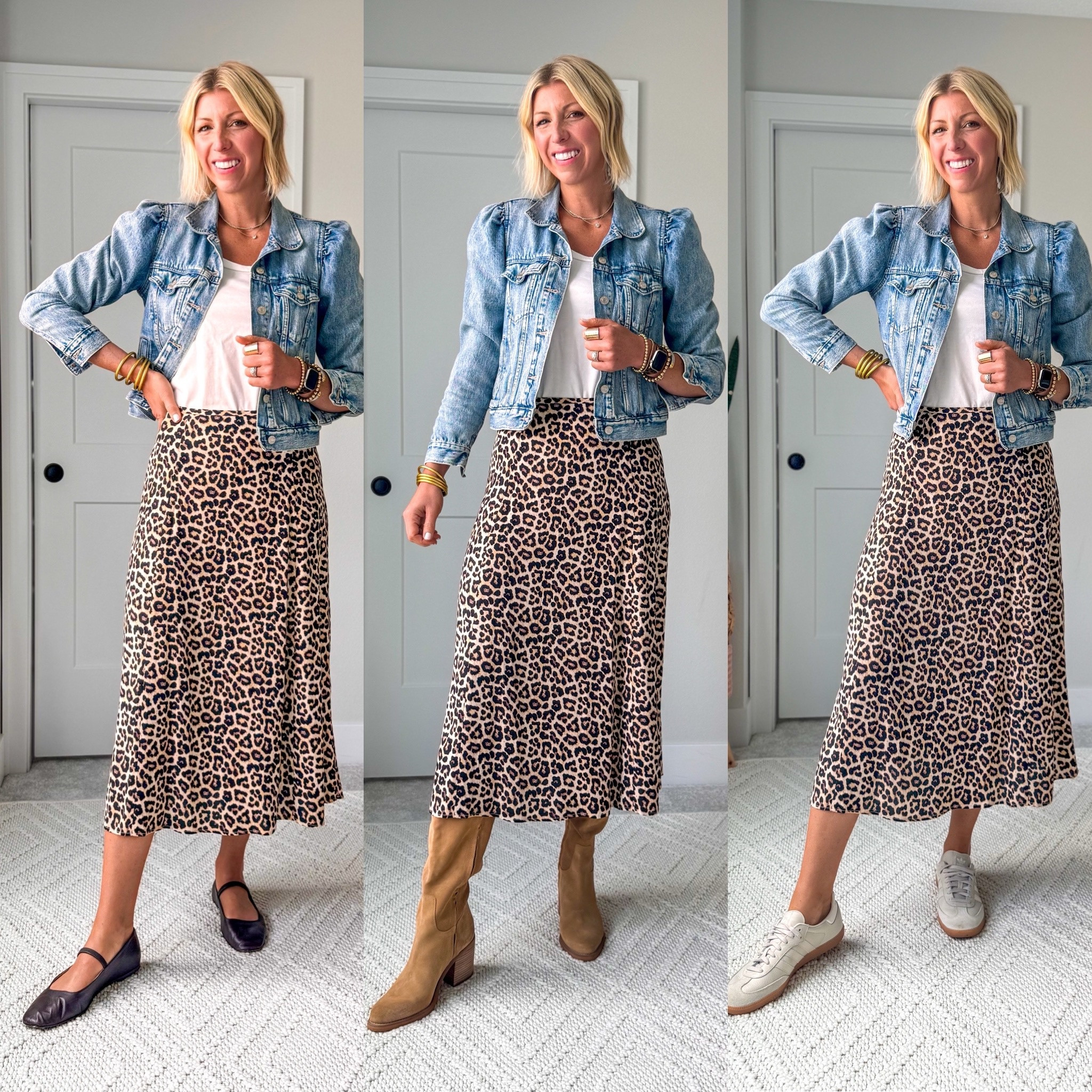 Teach outfit idea with a basic tee, denim jacket, leopard midi skirt, ballet flats, tall boots, sneakers. 
Workwear outfit, 

#LTKOver40 #LTKWorkwear #LTKBacktoSchool