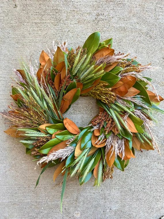 Fresh Real Magnolia Pampas and Grain Grasses Wreath for Front - Etsy | Etsy (US)