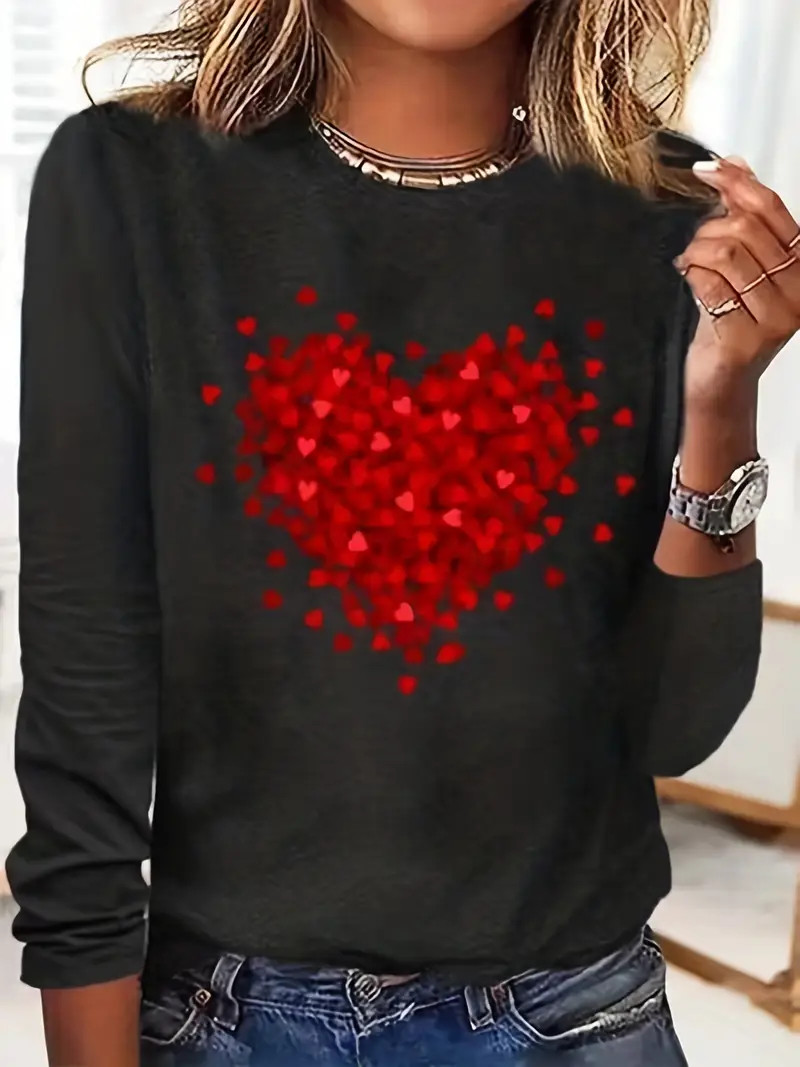 Heart Print Crew Neck T-Shirt, Casual Long Sleeve T-Shirt For Spring & Fall, Women's Clothing | Temu Affiliate Program