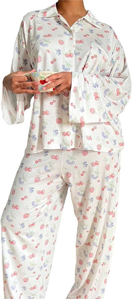 Women Pajamas Lounge Set Long Sleeve Button Down Floral Print Shirts Tops and Pants 2 Piece Loung... | Amazon (US)