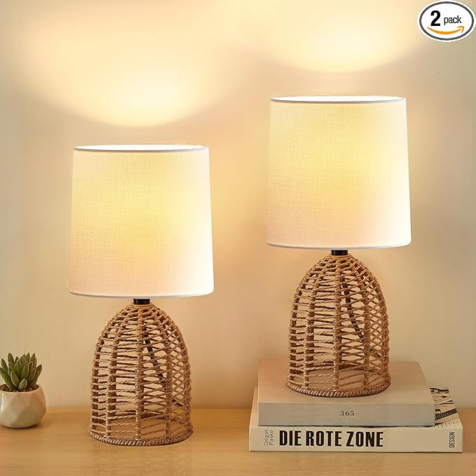 EJIAXIN Rattan Lamp Boho Lamps Set of 2-13.75" Mini Farmhouse Table Lamp Rustic End Table Decorat... | Amazon (US)