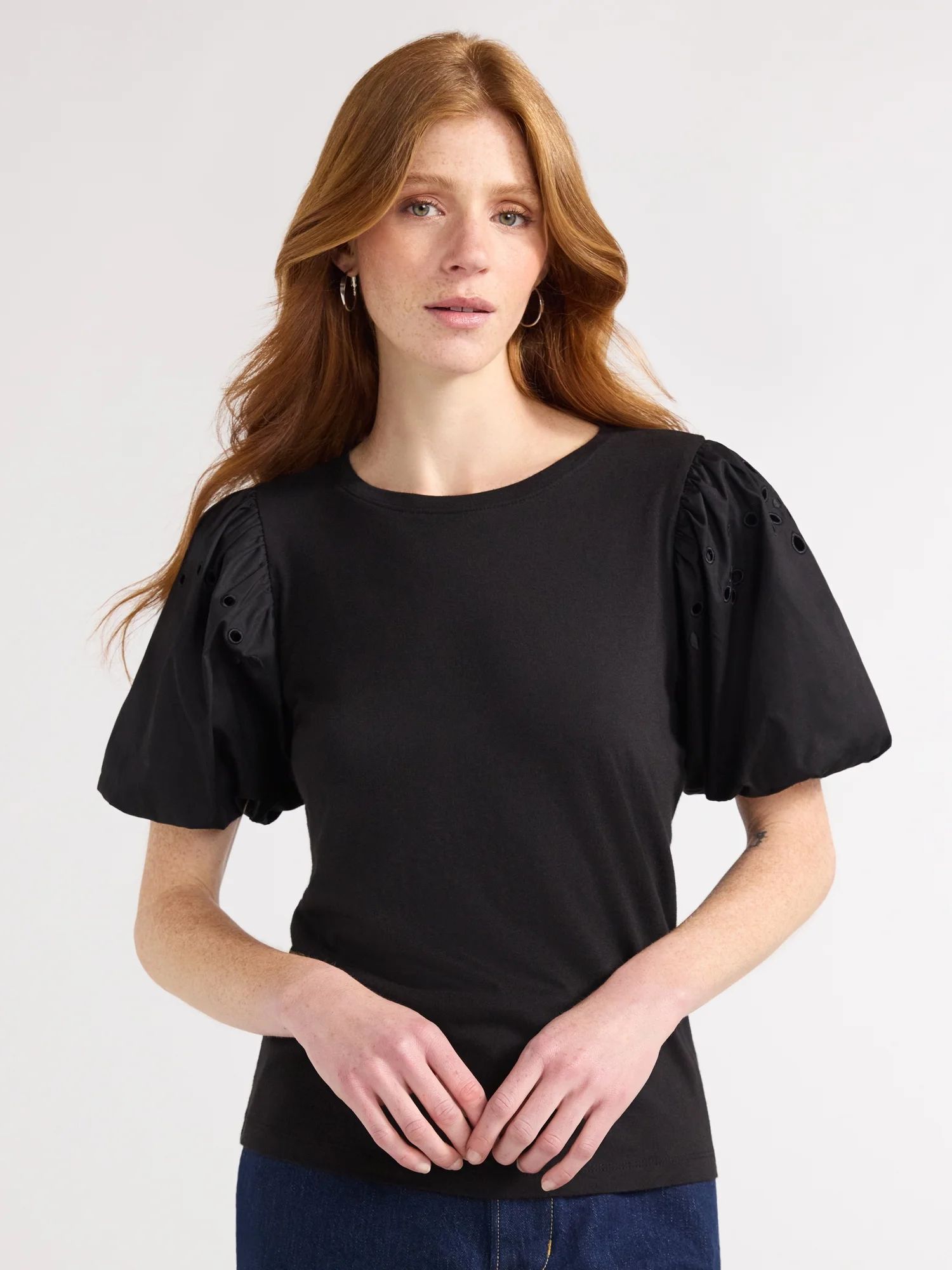 Free Assembly Women's T-Shirt with Embroidered Eyelet Sleeves, Sizes XS-XXL | Walmart (US)