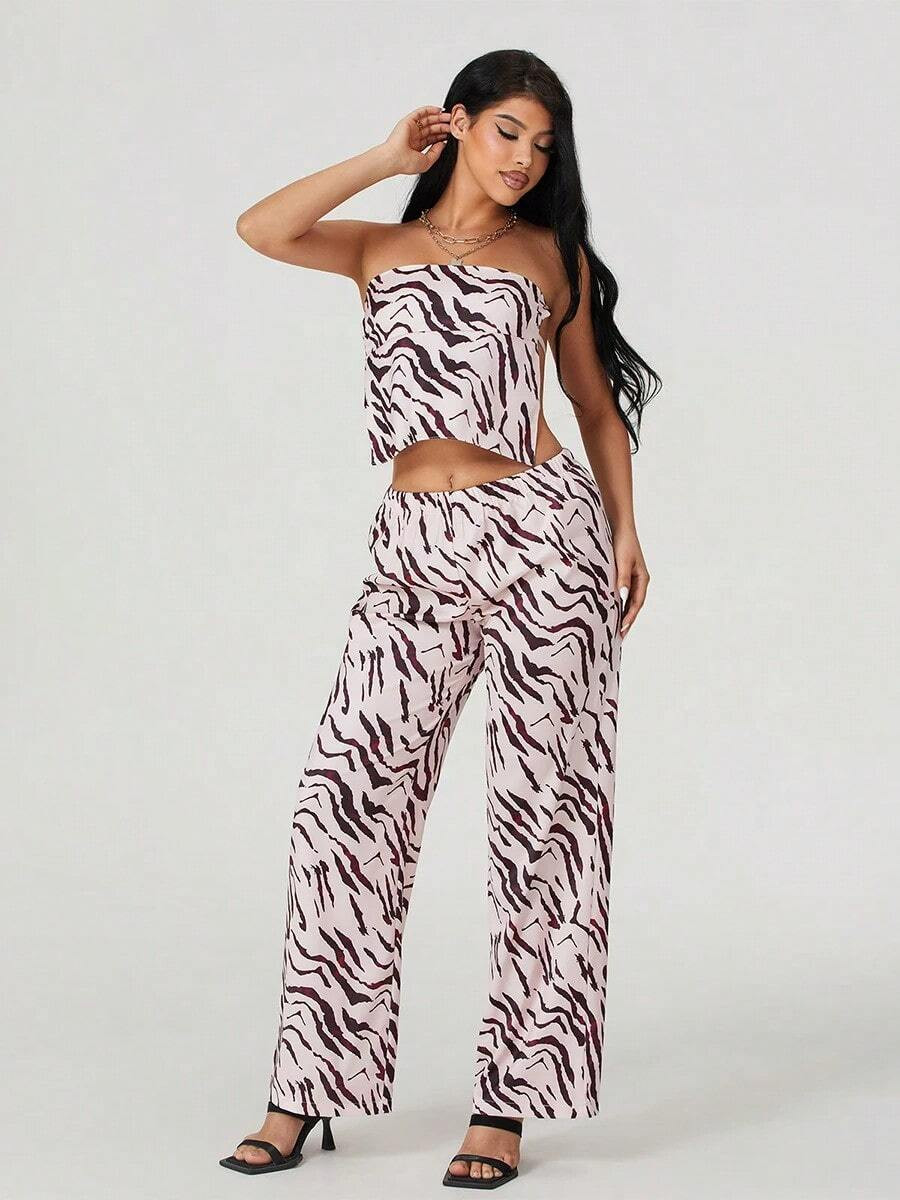 New Fashion Women Pants Set Strapless Backless Tube Top With Pants Solid/Zebra Print Summer Outfi... | SHEIN