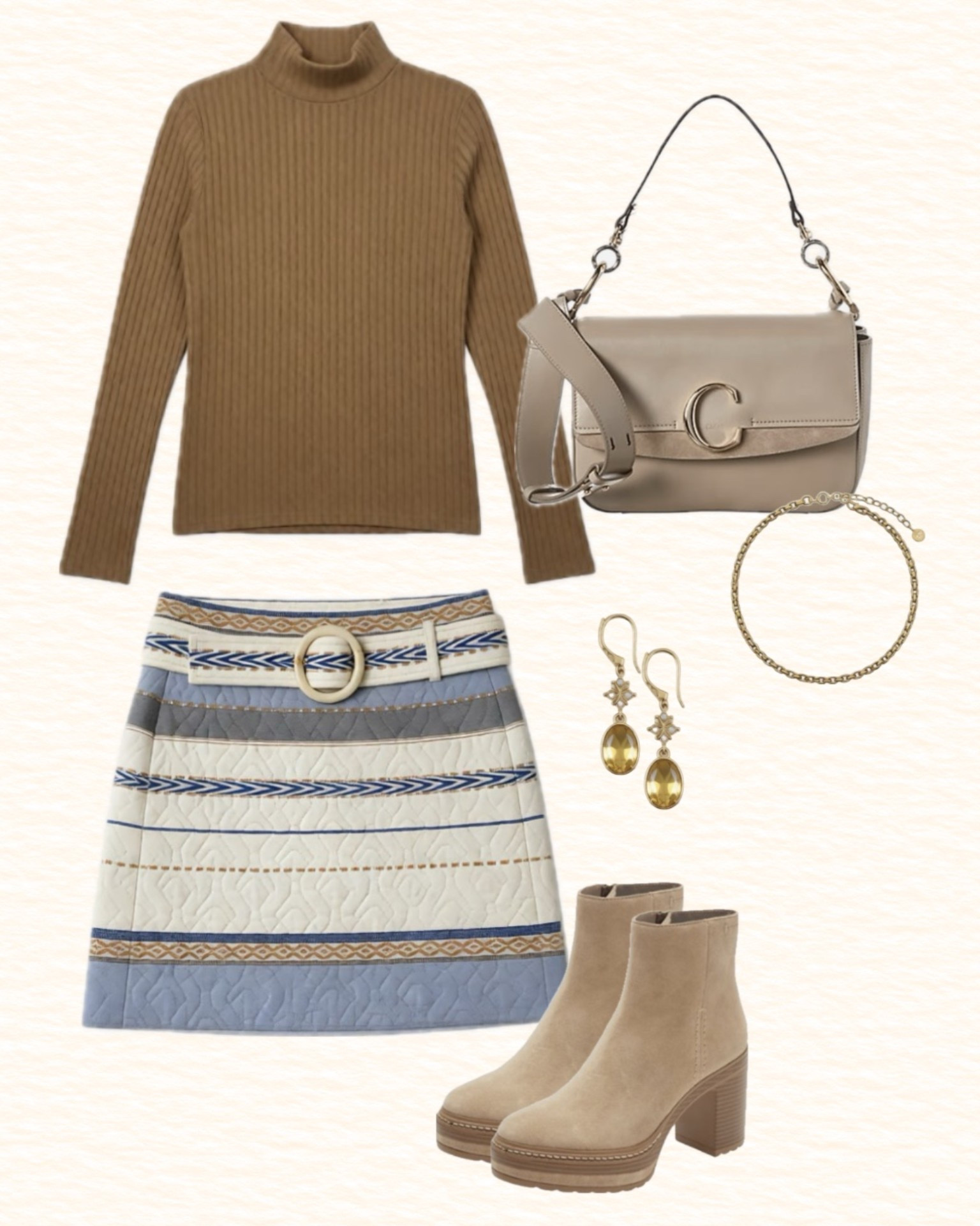 More fall outfit inspiration. This look is perfect for a day outing but can also be dressy enough for Thanksgiving. A tan sweater, blue and tan patterned skirt, suede booties, gold accessories, and a shoulder bag.

#LTKootd #LTKSeasonal #LTKgrwm