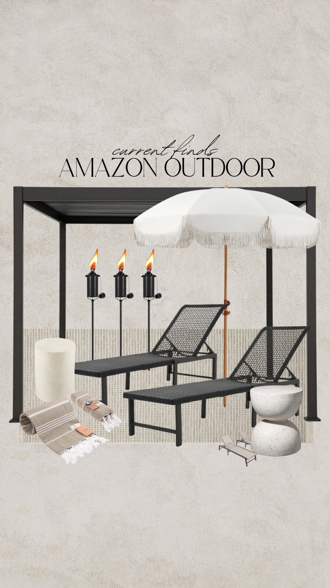 Amazon prime day sales. Outdoor fringe umbrella, black pergola, black rattan chaise lounge, outdoor rug, concrete table, beach towel, tiki torch, lantern #amazonprimeday 

#LTKHome #LTKSaleAlert #LTKxNSale