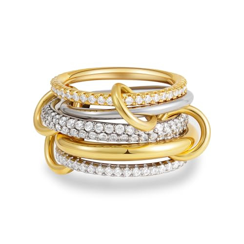 Gold Stackable Rings for Women, 14K Gold Plated Cubic Zirconia Rings, Silver Gold Multi Ring Mixe... | Amazon (US)