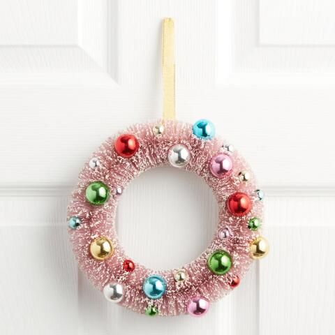 Pink Bottlebrush Wreath with Ornaments | World Market