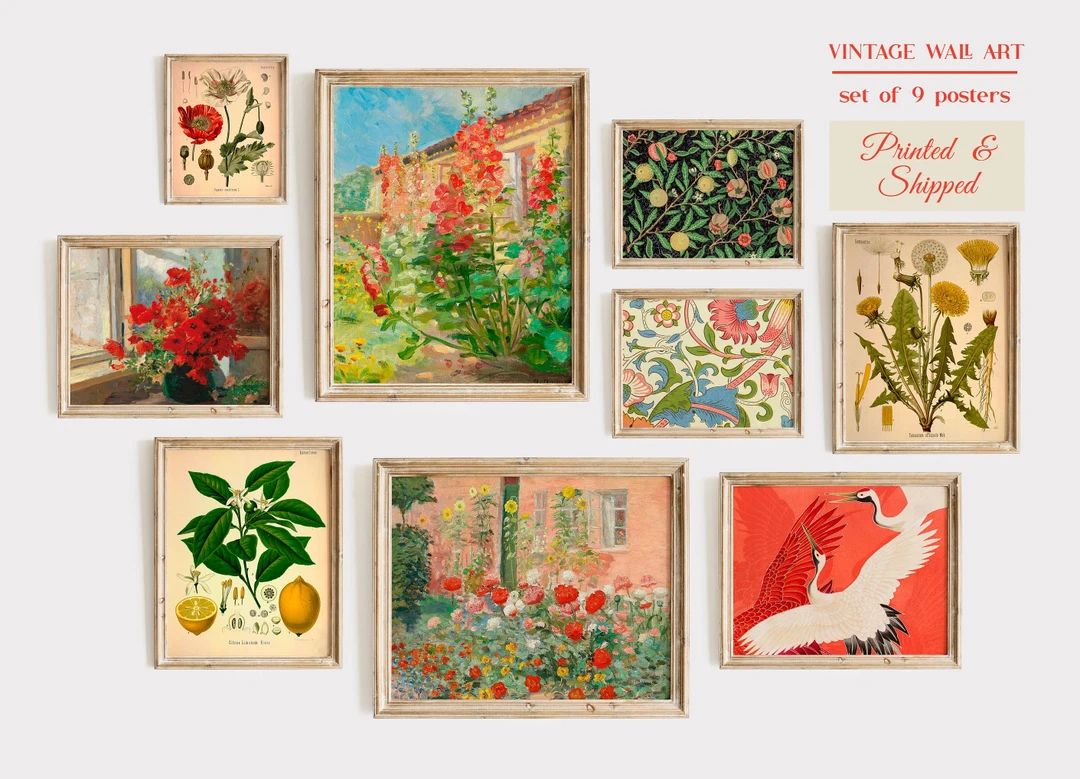 Vintage Eclectic Gallery Wall Set of 9 Colorful Wall Art - Etsy | Etsy (US)