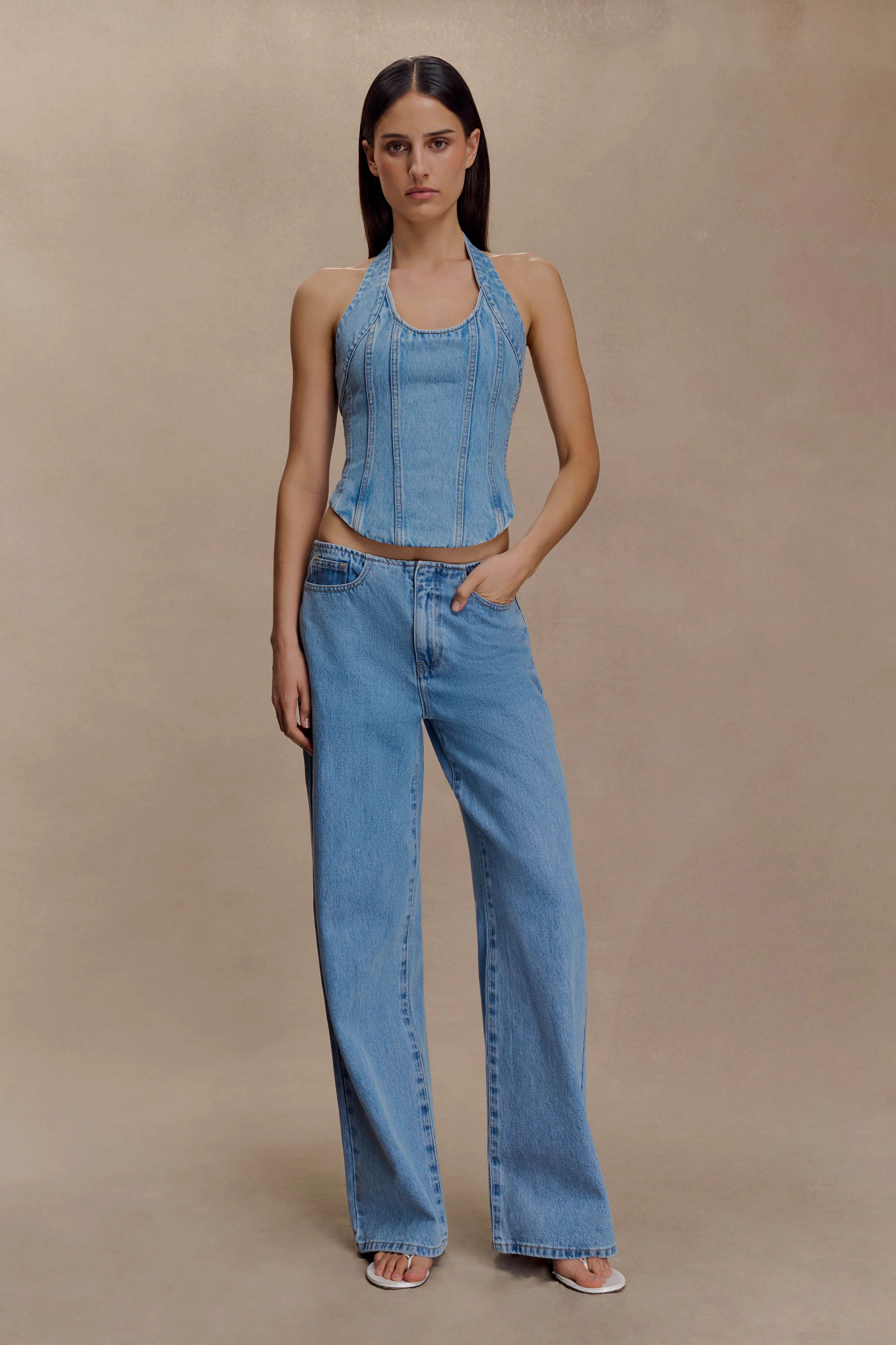 Meadow Denim Corset Halter Top - Classic Blue | MESHKI US