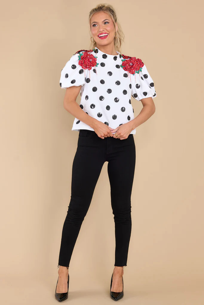 Red Flowers And White Polka Dot Top | Red Dress 