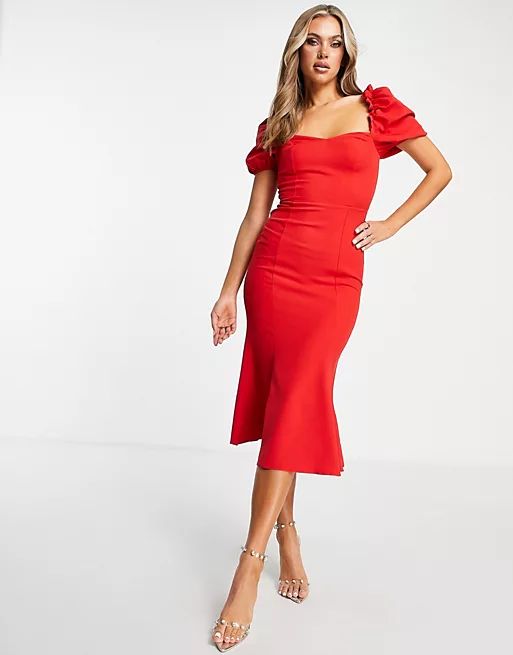 Trendyol puff sleeve midi dress in red | ASOS (Global)