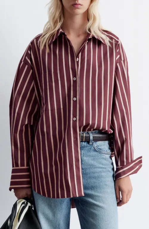 & Other Stories Stripe Oversize Cotton Button-Up Shirt in Red Dark at Nordstrom, Size Large | Nordstrom
