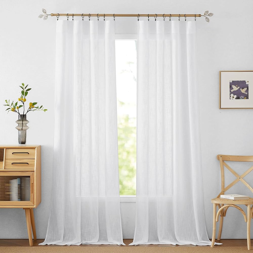 RYB HOME White Sheer Curtains for Living Room - Privacy Linen Fabric Curtains Semitransparent Far... | Amazon (US)