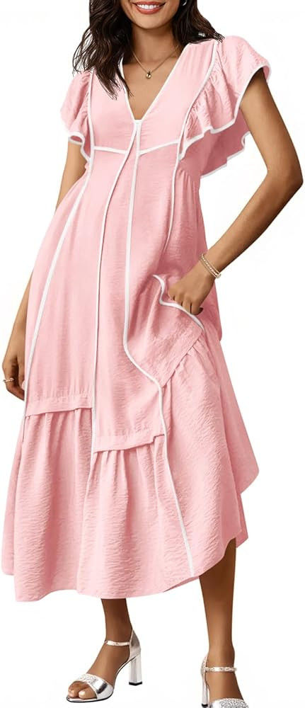 Wenrine Womens Summer V Neck Midi Dress Casual Ruffle Sleeve Contrast Color Loose Fit Flowy Long ... | Amazon (US)