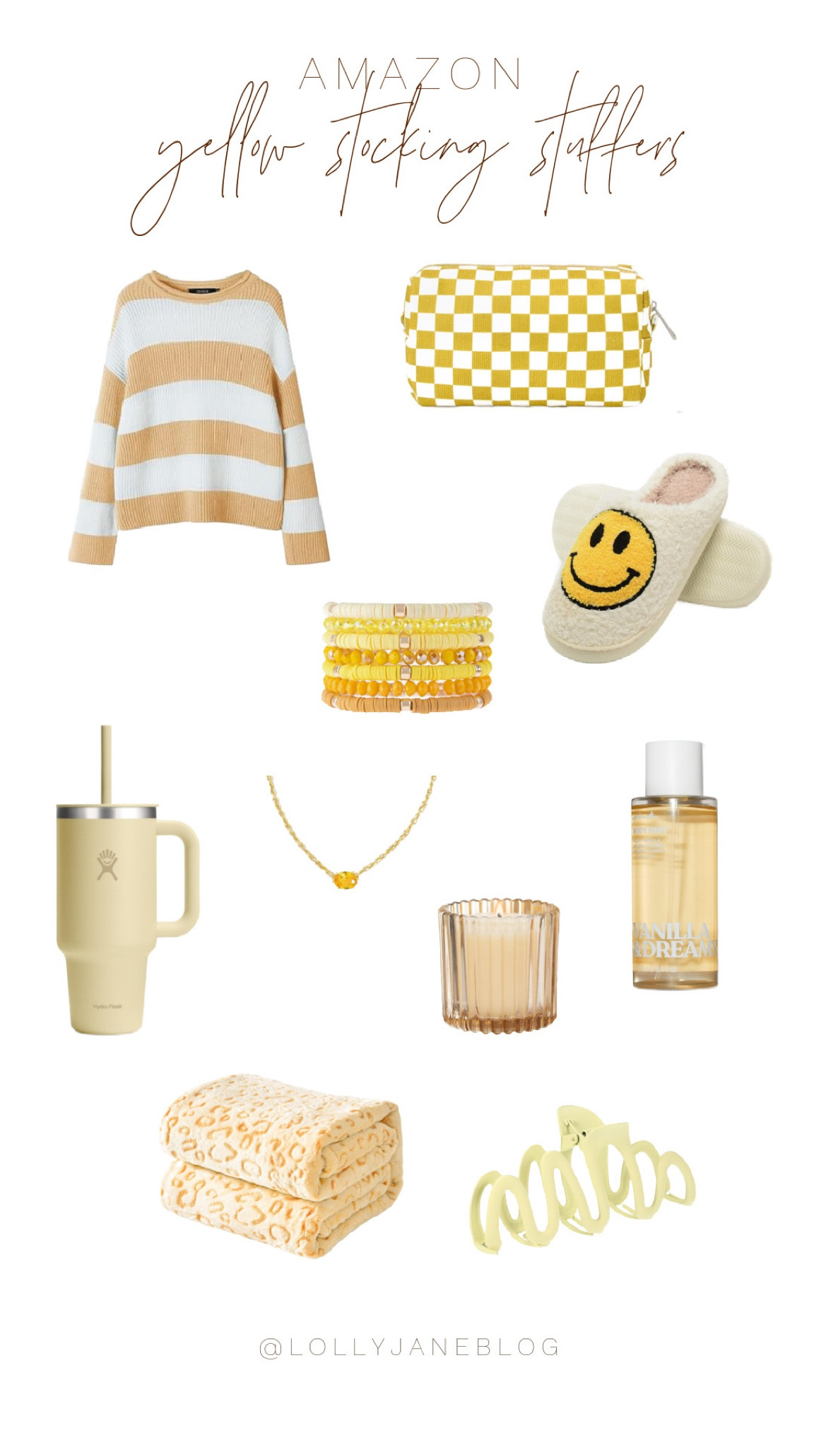 For the girl who radiates sunshine, we've got the perfect yellow-themed gifts to brighten her holiday season! 🌼From cozy accessories to cheerful essentials, these golden finds will add that pop of happiness to her world.🌞

Checkered Makeup Bag
Yellow Bracelet Stack
Yellow Patterned Throw Blanket
Sweet Yellow Candle
Yellow Claw Clip
Yellow Hydro Flask Tumbler
Yellow Smiley Face Slippers
Yellow Striped Sweater
Vanilla Perfume for a warm touch
Kendra Scott Yellow Necklace

Make her day a little brighter with the happiest color of all—yellow! Shop these cheerful gifts on Amazon now and spread some sunshine this season!🌞 #YellowVibes #GiftIdeas #HolidayGifts #YellowLover #AmazonFinds #StockingStuffers #CheerfulGifts 💛

#LTKGiftGuide #LTKSeasonal #LTKHoliday