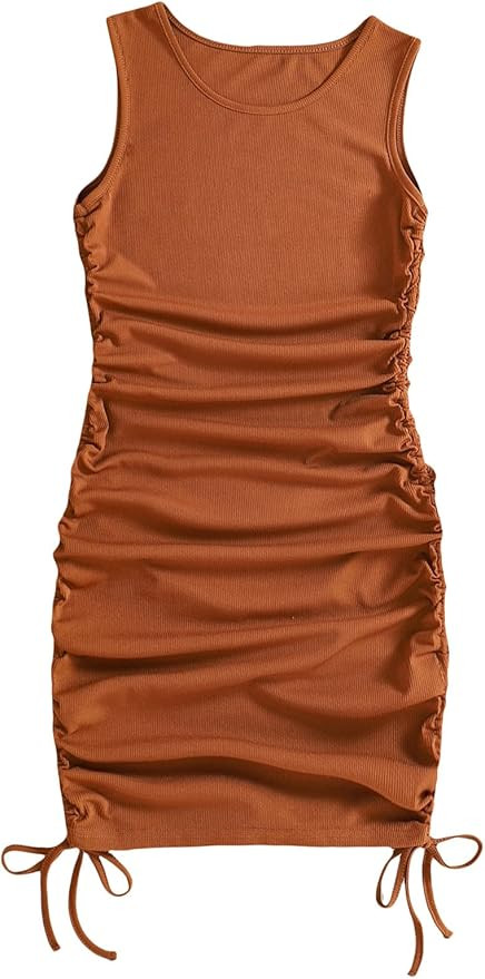 SheIn Women's Ruched Sleeveless Mini Bodycon Dress Drawstring Tie Side Round Neck Short Dresses | Amazon (US)