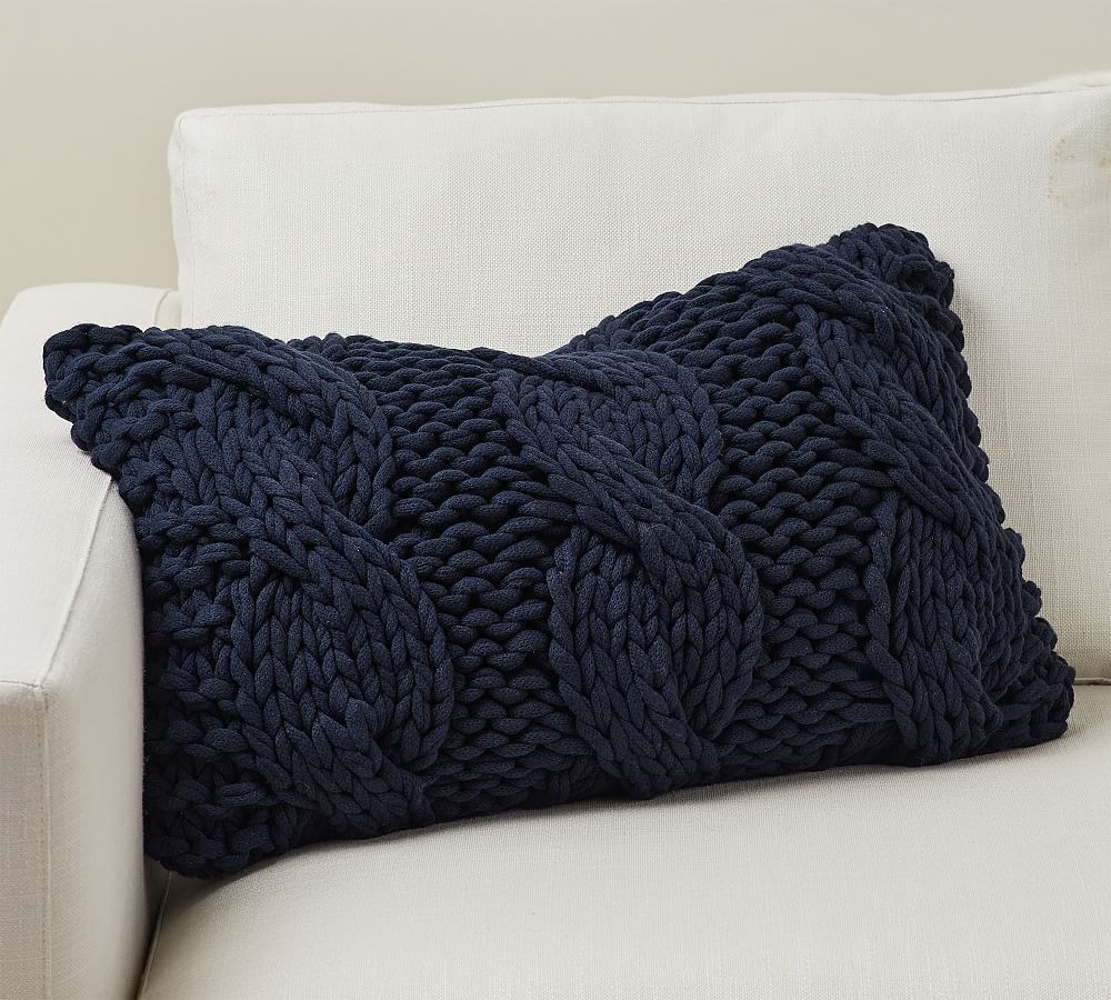 Colossal Handknit Lumbar Pillow Cover, 16"" x 26"", Navy | Pottery Barn (US)