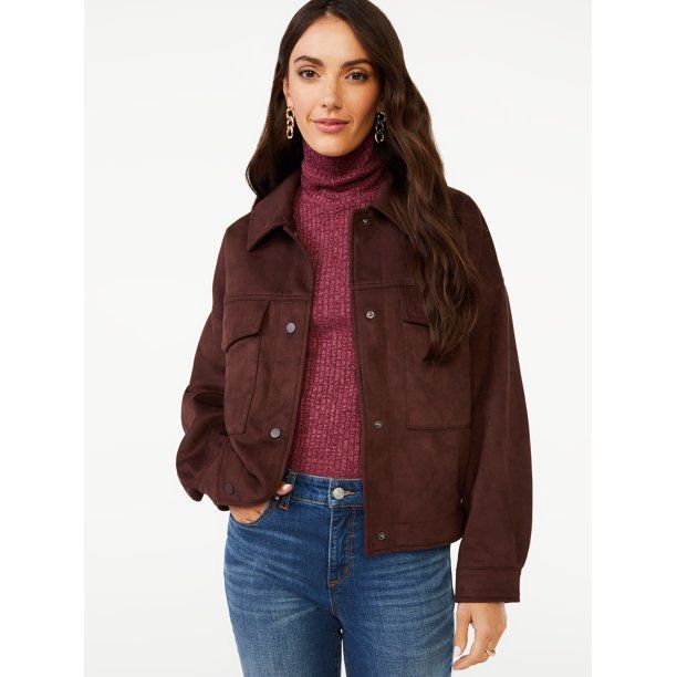 Scoop Women's Oversized Cropped Faux Suede Jacket | Walmart (US)