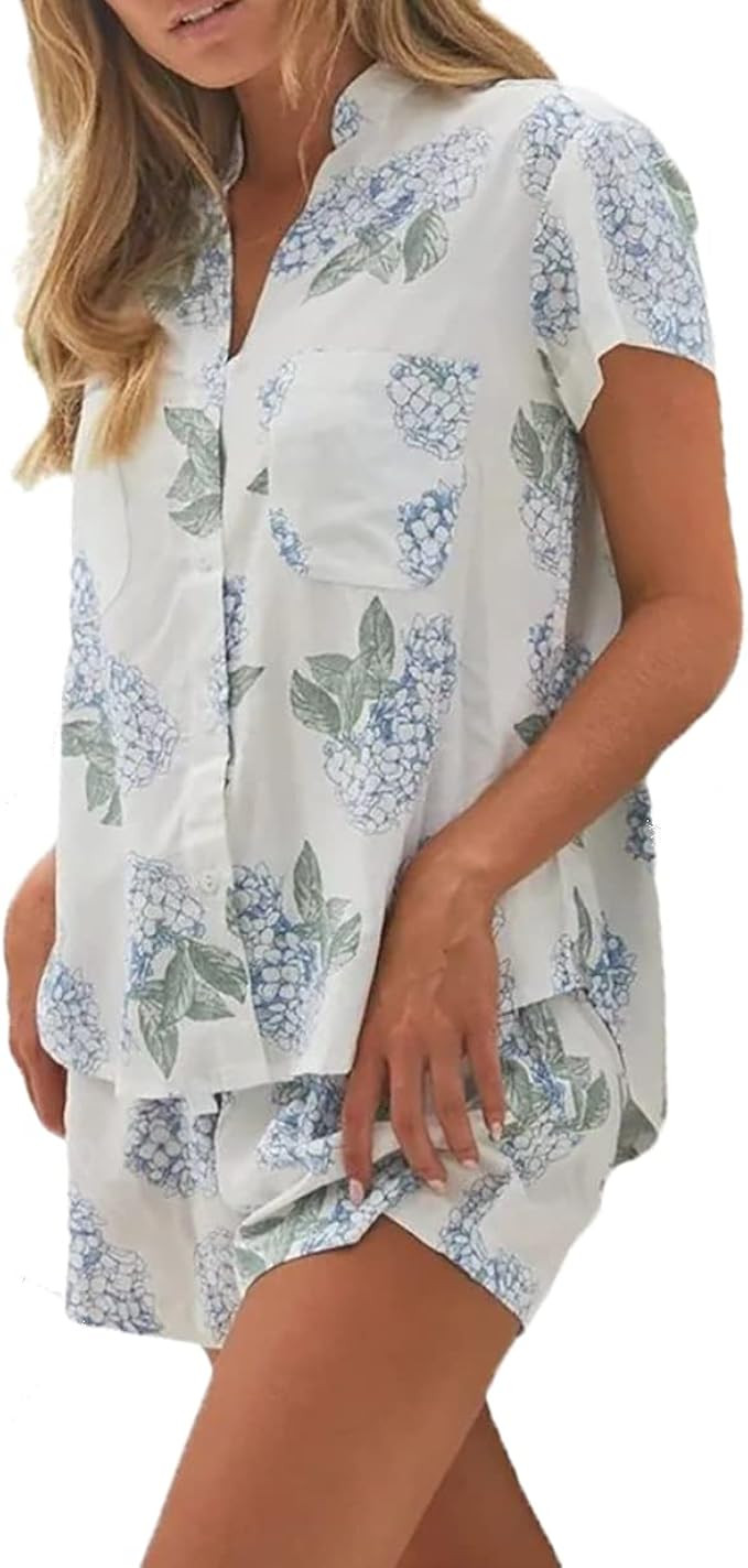 Xfileen Women's Short Sleeve Button down Printed Pajama Sets Summer 2 Piece Shorts Soft Sleepwear | Amazon (US)