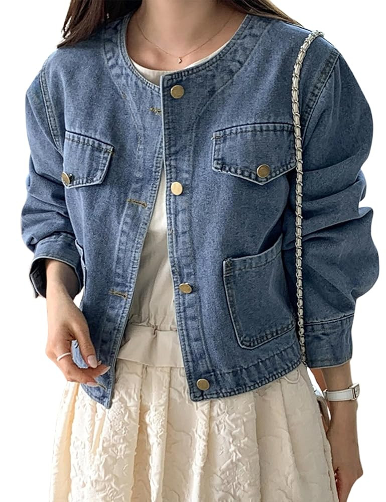 Omoone Women's Denim Jacket Long Sleeve Crop Button Down Collarless Jean Coat with Pocket | Amazon (US)