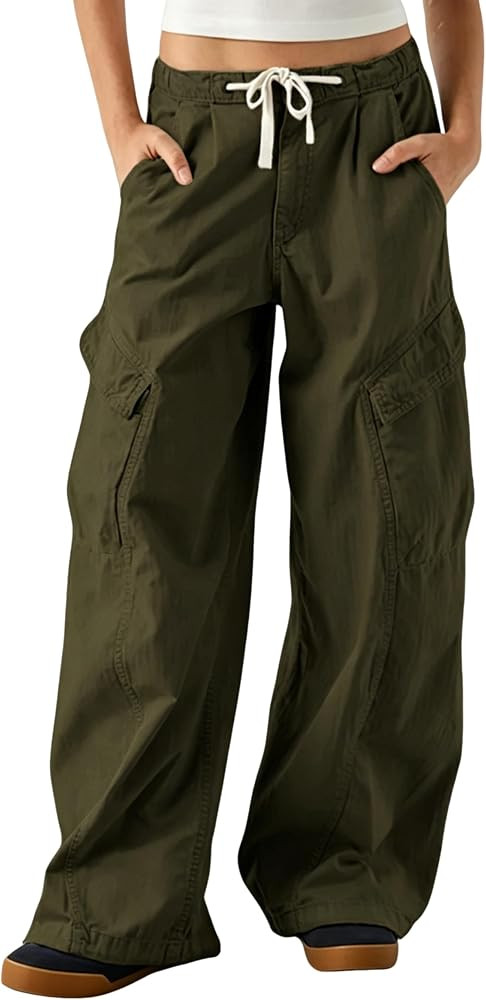 Women's Barrel Leg Cargo Pants Drawstring Elastic Waist Baggy Jeans with Pockets | Amazon (US)
