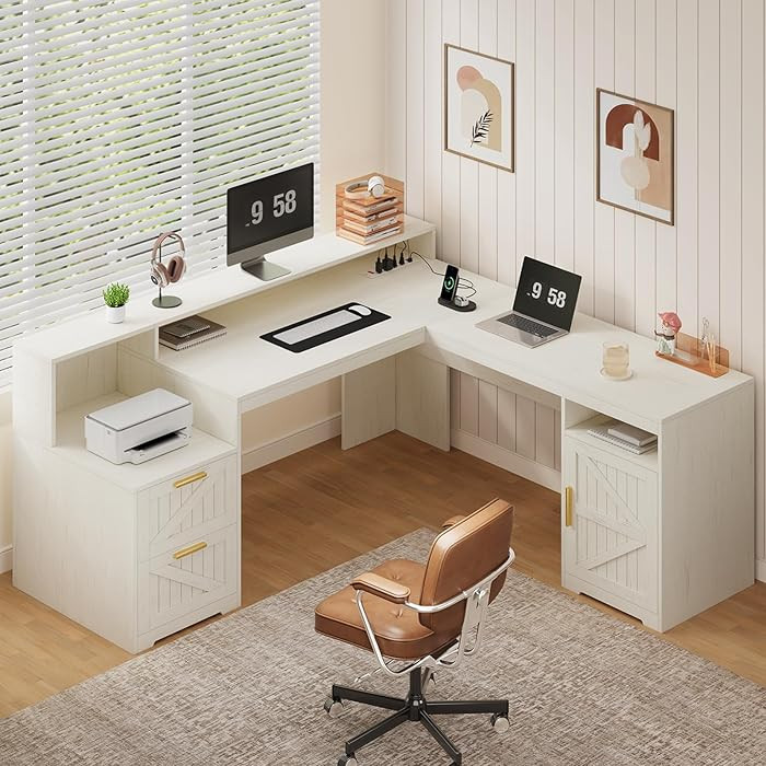 YOMILUVE 63" Farmhouse L Shaped Executive Desk with Drawers & Storage Shelf, Corner Computer Desk... | Amazon (US)