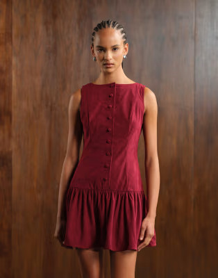 ASOS DESIGN cord slash neck button down dropped waist mini dress in deep cherry red | ASOS (Global)