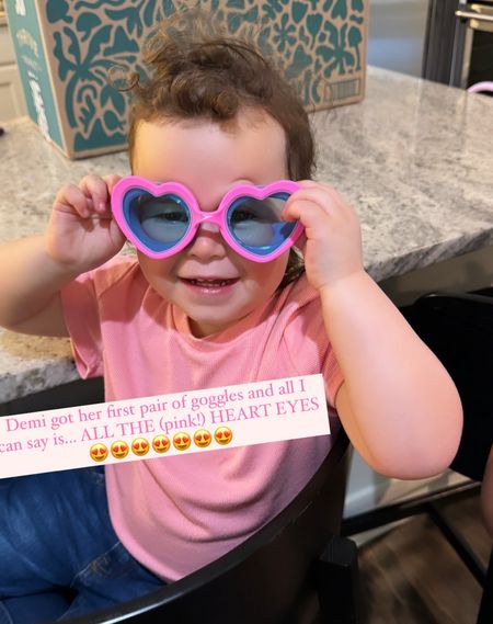 These heart shaped goggles are the cutest! Pink and perfect!!! They feature an easily adjustable bungee strap in the back that wont catch on hair! Plus... 
•	Sun safe
•	All day comfort
•	UV Protection
•	Anti fog
•	Kids Size – fits most children 3-8 years old



#LTKSwim #LTKFamily #LTKKids
