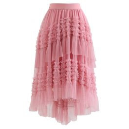 Ruffle Tiered Hi-Lo Mesh Tulle Skirt in Pink | Chicwish