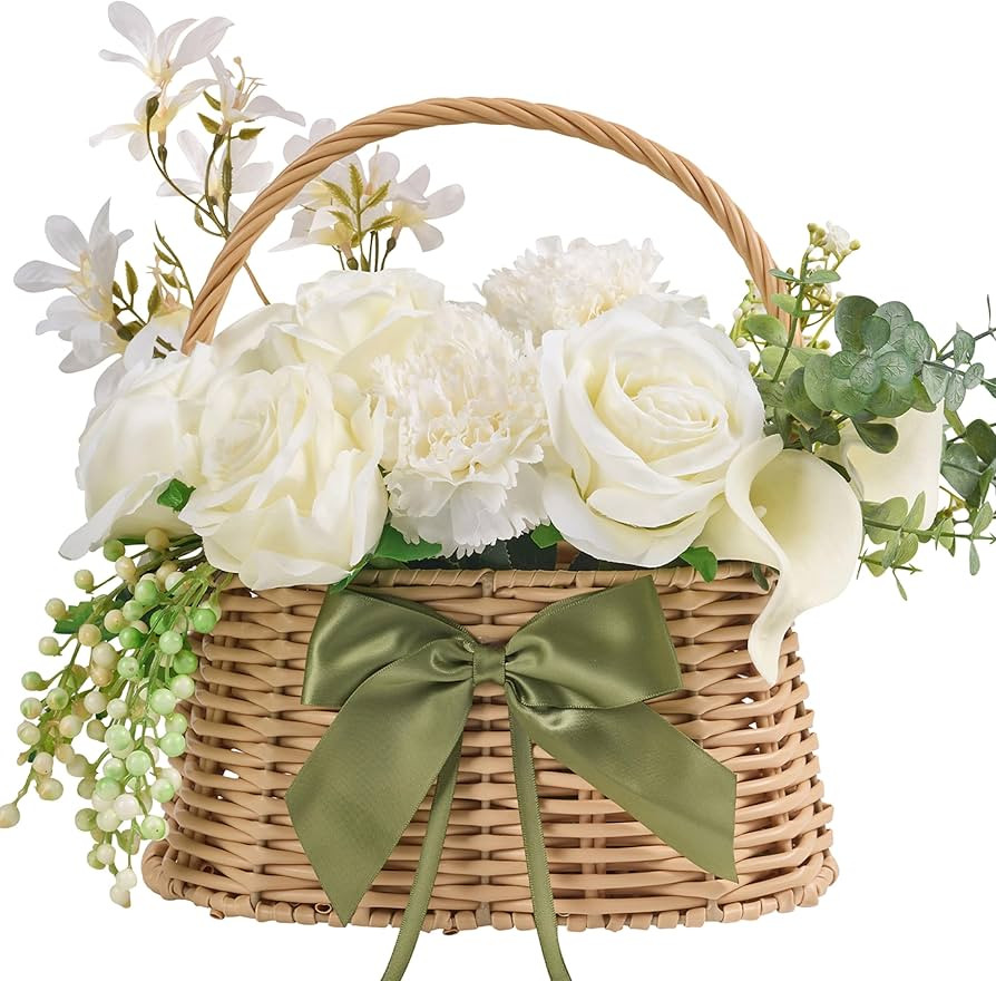 Small Elegant Artificial Flowers Arrangement: high-end Faux White Roses with Woven Basket, Dining... | Amazon (US)