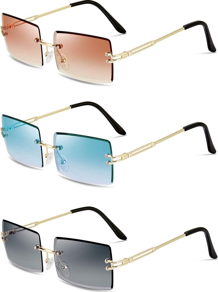 3 Pairs Rimless Rectangle Sunglasses Tinted Frameless Eyewear Vintage Transparent Rectangle Y2K G... | Amazon (US)