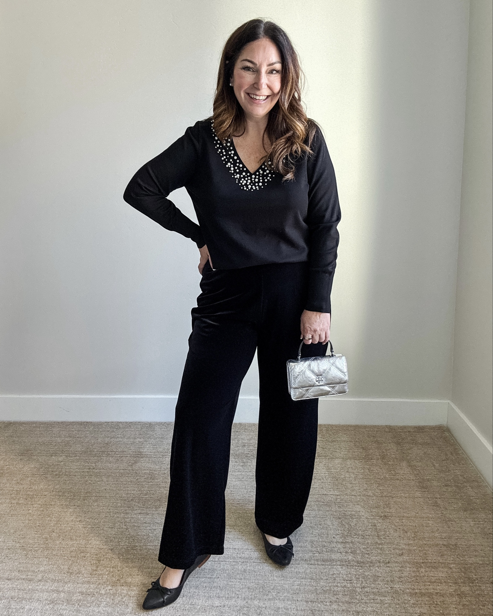 V Neck Embellished Sweater with pull on velvet pants. Wearing Large in sweater, large in pants  

 #LTKHoliday #LTKOver40 #LTKMidsize