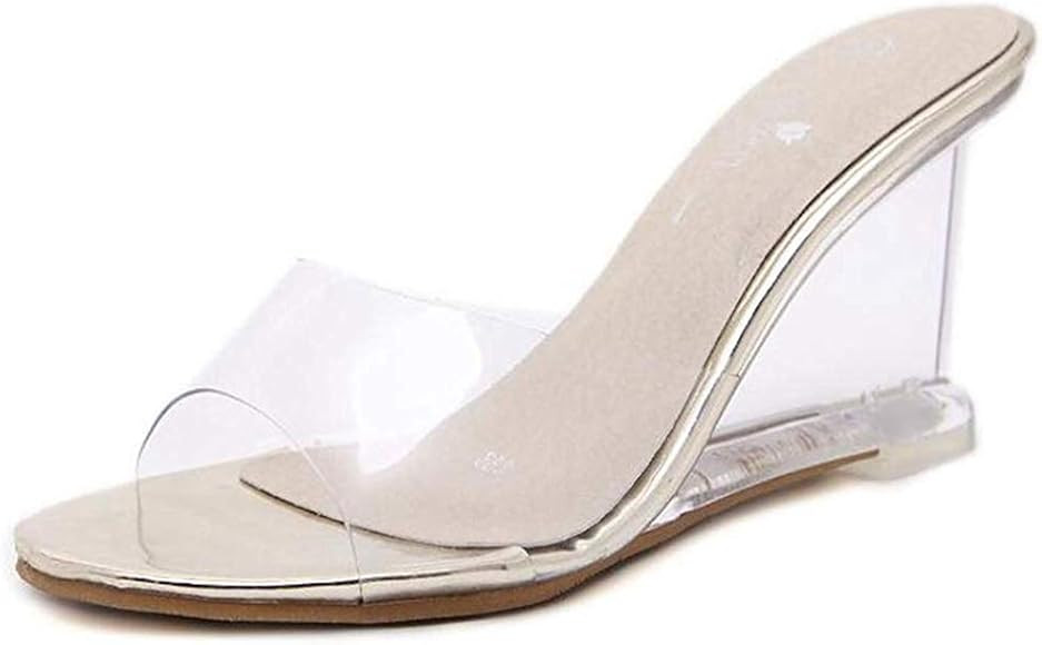 Women's Crystal Wedge Sandals Clear Lucite Slip On Open Toe Fashion High Heeled Pumps Sandal | Amazon (US)