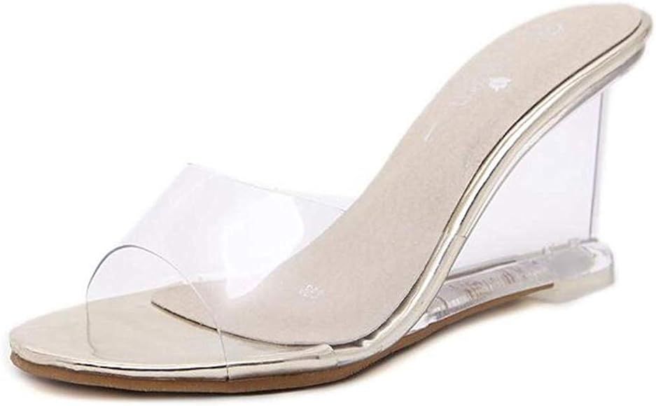 Women's Crystal Wedge Sandals Clear Lucite Slip On Open Toe Fashion High Heeled Pumps Sandal | Amazon (US)