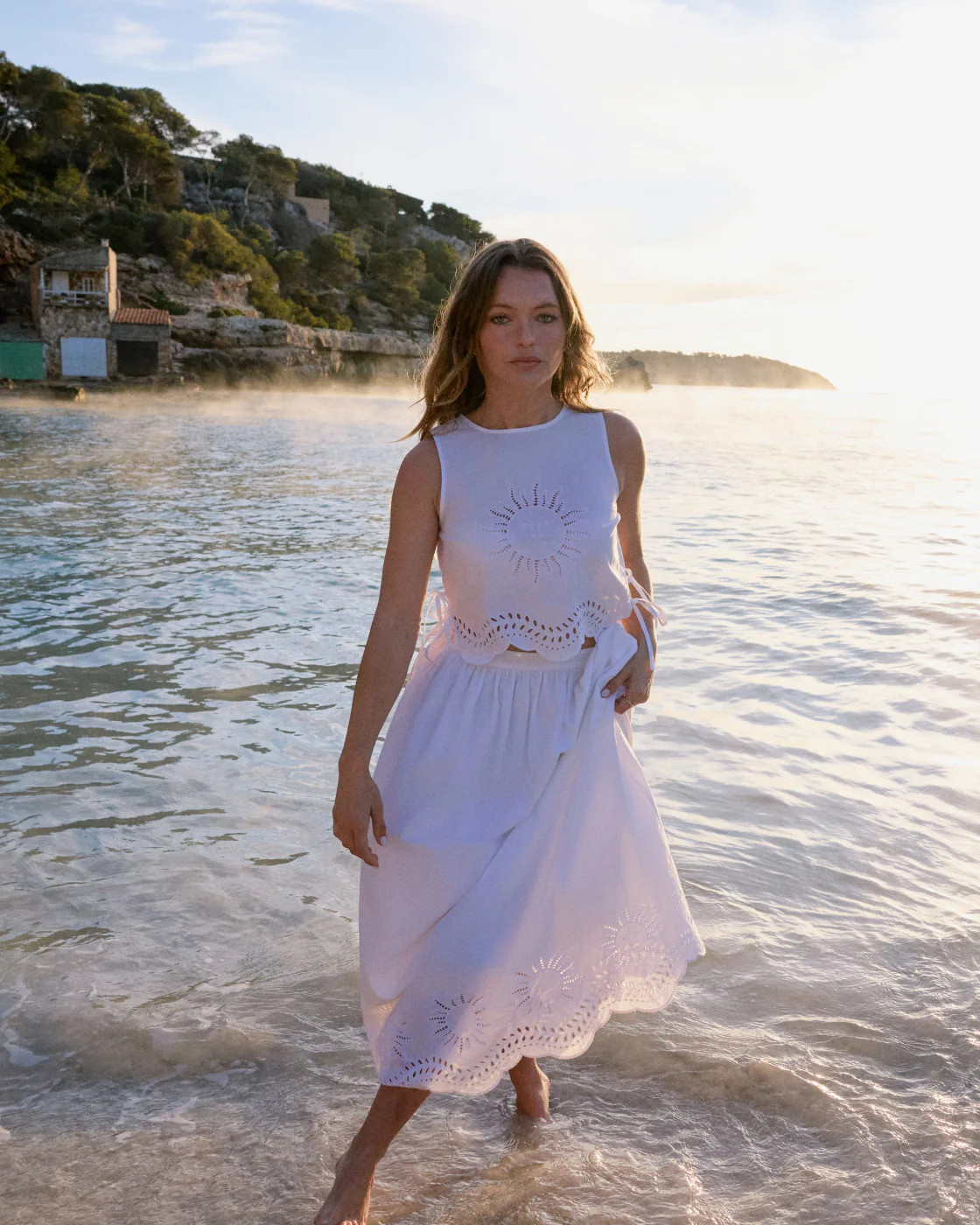 White Cutwork Scallop Hem Sintra Midi Skirt | Nobody's Child