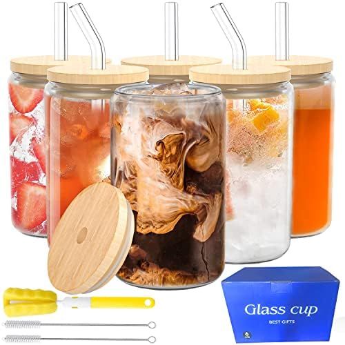 Glass Cups, Beer Glasses,beer can glass Bamboo Lids and Glass Straw 6 Pc Set 16oz Can Shaped Glasswa | Amazon (US)