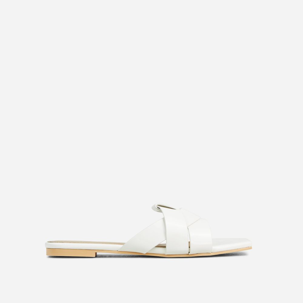 Meego Woven Strap Detail Flat Slider Sandal In White Patent | EGO Shoes (US & Canada)