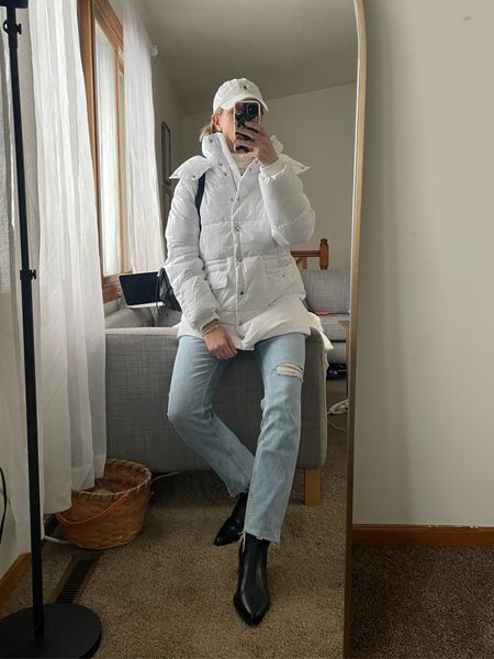 Dressed for snow today - love this white puffer coat. It’s SO warm and the color brightens up my mood. The coat and turtleneck are both 40% off and my jeans are under $40! I’m wearing a small in the coat and turtleneck and a 4 in the jeans. Boots run TTS. 

#LTKSeasonal #LTKsalealert #LTKunder50