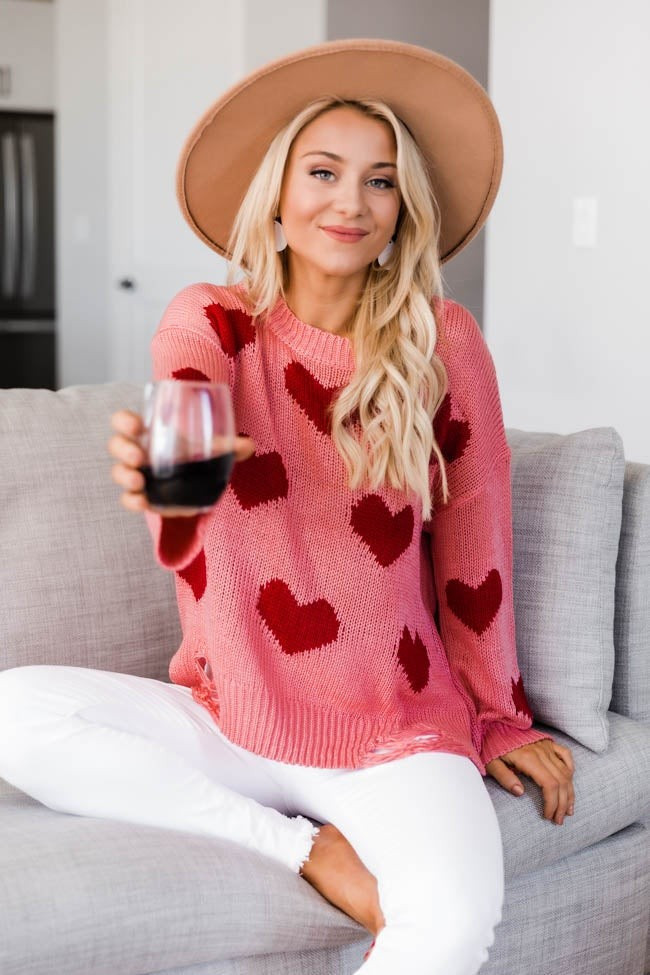 Simply Sweet Distressed Heart Pink Sweater | The Pink Lily Boutique