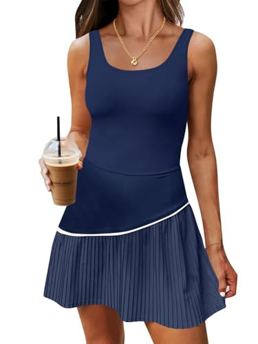 Fisoew Womens Tennis Dress with Built in Shorts and Bra Summer Sleeveless Pleated Golf Athletic Mini Dresses Navy | Amazon (US)