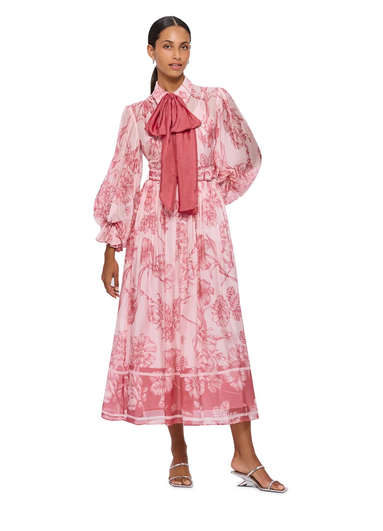 Cassie Tie Neck Midi Dress - Harmony Print in Plum Blossom | LEO LIN