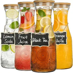 4 Pack Glass Carafe with Lid, 1 Liter Beverage Pitchers Carafes for Mimosa Bar with Bamboo Lids a... | Amazon (US)