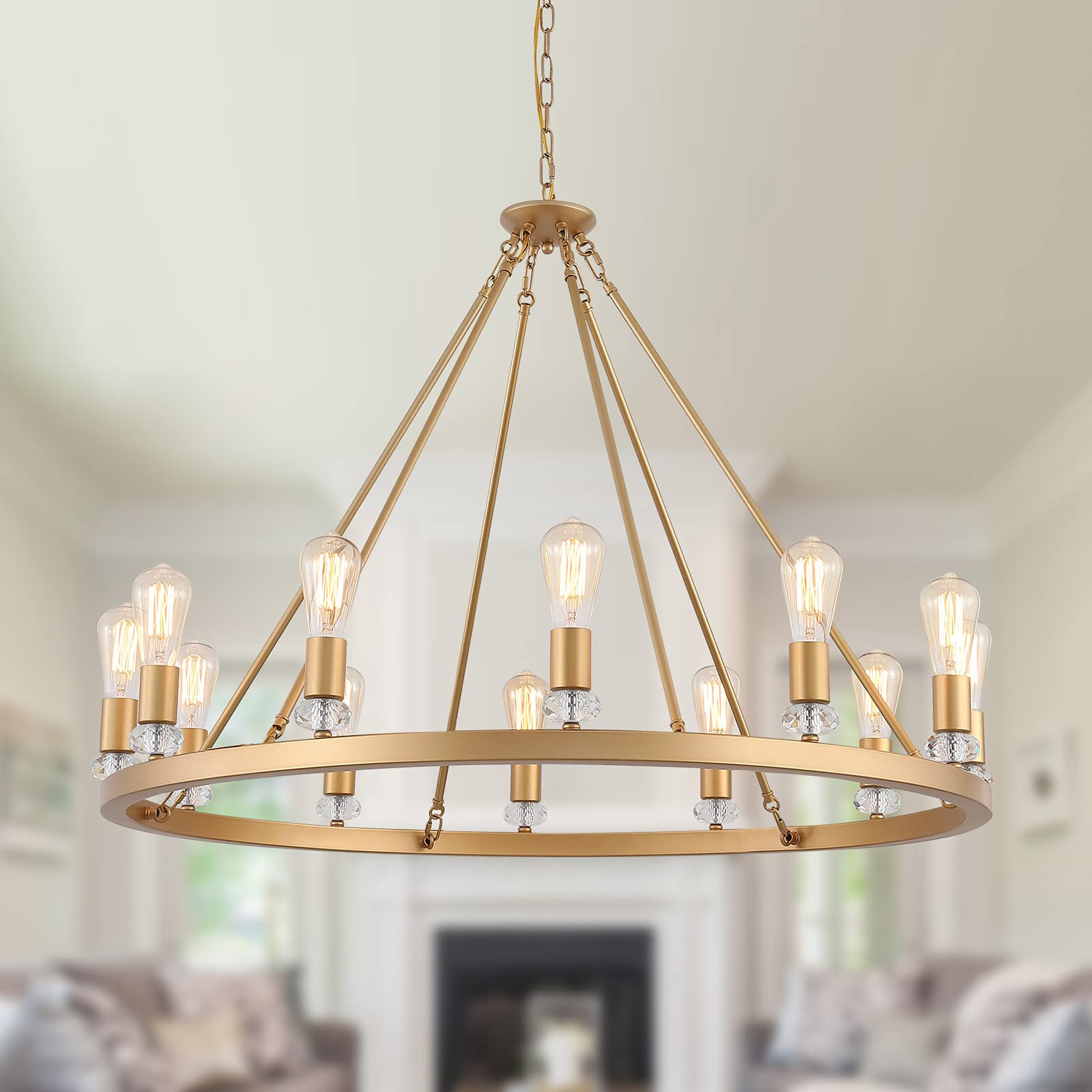Large Modern Wagon Wheel Chandelier Gold Metal Round Luxury Industrial Country Chandelier Light F... | Amazon (US)