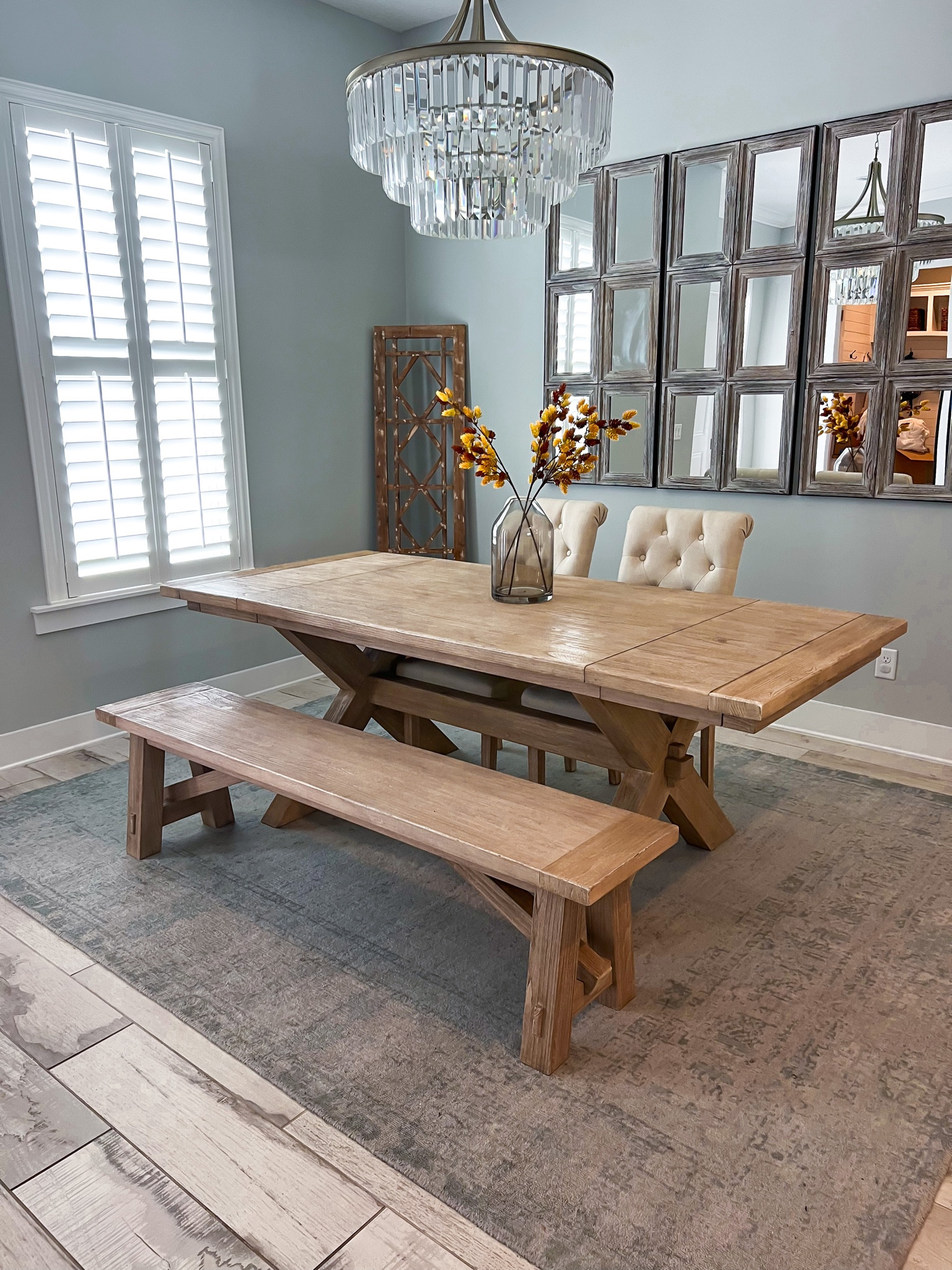 Fall home decor. Coastal home decor. Pottery Barn Toscana extending dining room table. Neutral dining room table. Target home decor. Pottery barn mirrors. Driftwood dining room table. The table is color is color seadrift (60”-84”) + matching bench 70”. We have had this table for over 4 years and this color does a great job at hiding imperfections! 

#LTKunder100 #LTKfamily #LTKhome